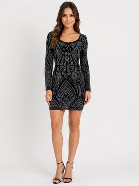 Jump Black and Silver Geometric Sequin Long Sleeve Dress